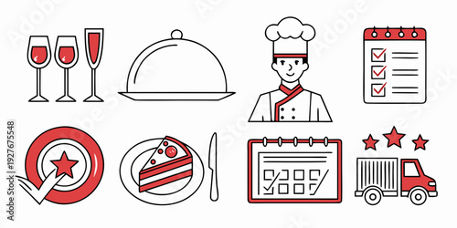 A collection of icons representing the hospitality and restaurant industry Vector