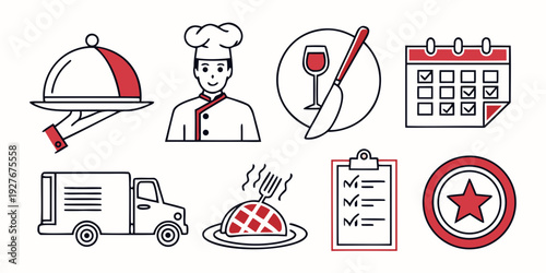 Illustrations of various icons representing restaurant, food, and service concepts. Vector