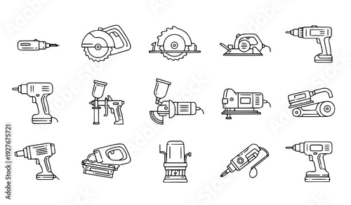Editable stroke line icons of power tools including drill, screwdriver, circular saw, and angle grinder