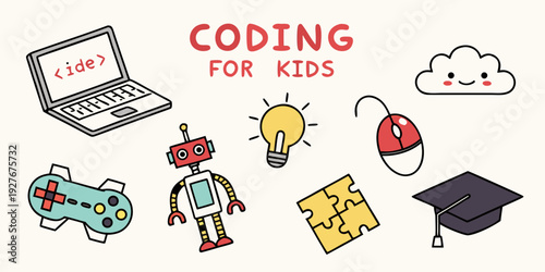 Colorful illustrations depicting coding for kids with various educational elements. Vector