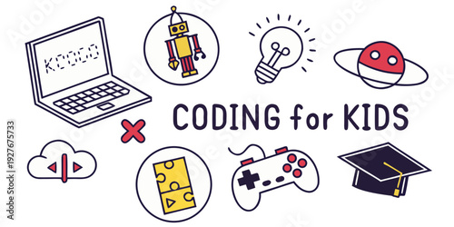 Colorful graphic showcasing coding for kids with various icons and activities Vector