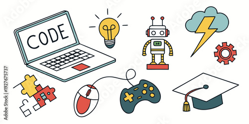 A diverse collection of objects including a laptop, robot, and sports equipment Vector