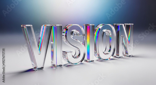 A 3D rendering of the word 'VISION' in shiny, reflective letters with a rainbow effect