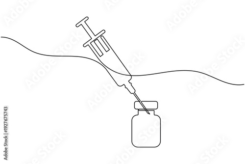 Syringe drawing vaccine from vial continuous line art drawing medical procedure icon