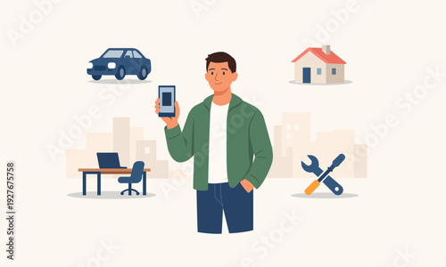 Flat vector illustration of man holding smartphone representing mobile application for everyday daily activities and services such as home, transport, work and maintenance.