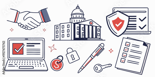 A diverse collection of icons representing various aspects of community and public services. Vector