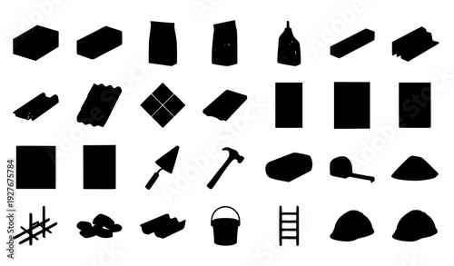 Construction materials flat vector icon set with blocks, timber, drywall, roof and floor materials