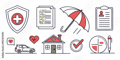 A collection of icons representing various aspects of health and safety. Vector