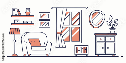 A vibrant and cozy living room with a fireplace and a view of the outdoors Vector