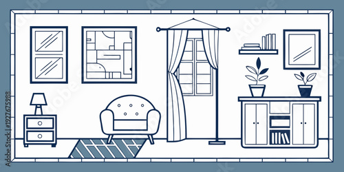 A cozy living room with a fireplace and a comfortable sofa Vector