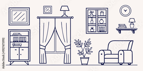 A modern living room with a cozy atmosphere and various decorative elements. Vector