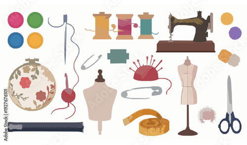 Decorative sewing and knitting vector icons set with embroidery, crochet and tailoring tools