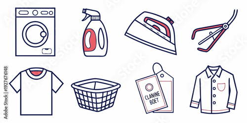 A variety of clothing items and laundry equipment arranged neatly. Vector