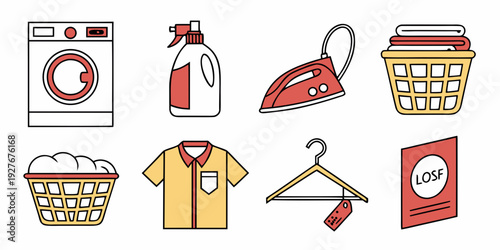 A colorful illustration of various laundry day essentials and activities Vector
