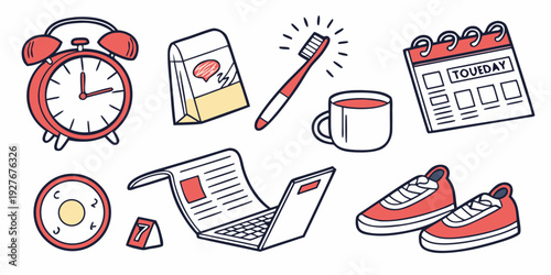 A diverse collection of objects representing time management and productivity. Vector