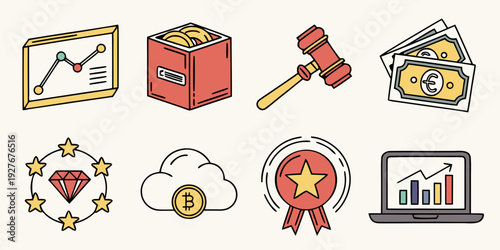 Assorted icons representing various aspects of law, awards, and achievements. Vector