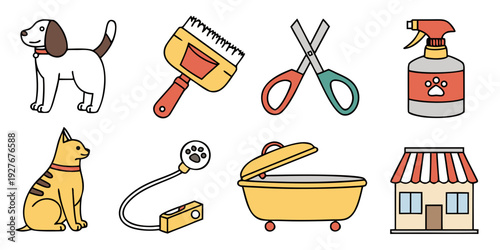 A variety of tools and items for pet grooming and care Vector
