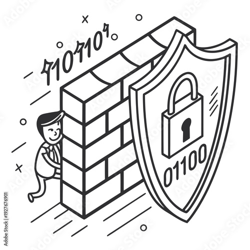 A man hiding behind a brick wall with a shield and lock