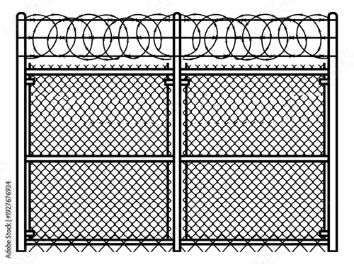 Line art illustration of a security fence gate depicting a barrier with razor wire for restricted access