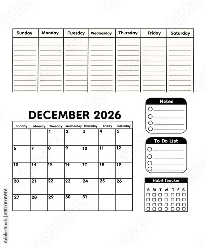 December 2026 minimalist black and white monthly calendar planner with a clean grid layout on transparent background. Includes weekly overview, notes section, to do list, and habit tracker. 