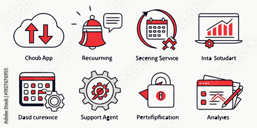 A collection of icons representing various aspects of cybersecurity and data protection. Vector