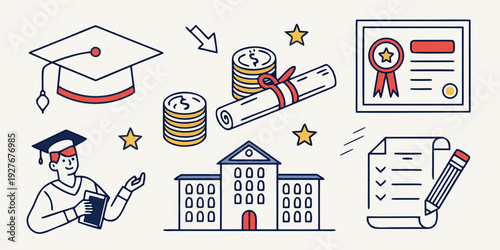 Illustration of various educational symbols and icons representing learning and achievement Vector