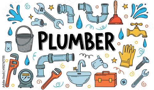 Plumbing tools and equipment illustration with pipes and tools