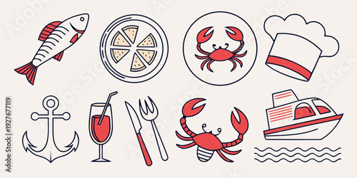 A collection of nautical symbols and icons including anchors, ships, and sea creatures Vector