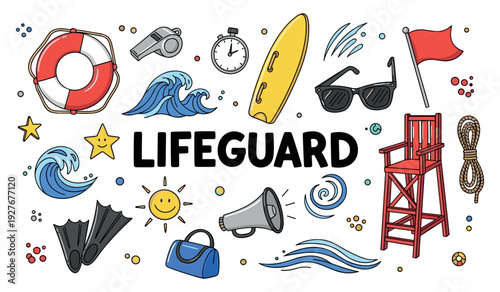Lifeguard essentials: whistle, surfboard, lifebuoy, sunglasses, rescue chair, waves, rope