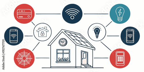 Illustration of a house with various icons representing different services and features Vector
