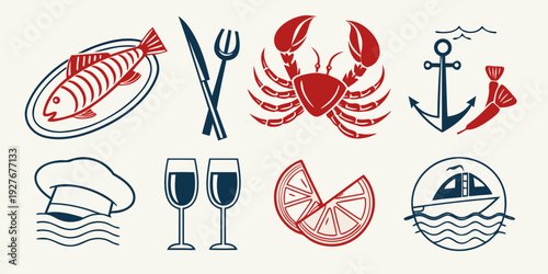 Assorted nautical and celebratory icons including anchors, lobsters, and champagne glasses Vector