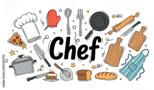 Chef cooking utensils collection with pans, cutting boards, and more