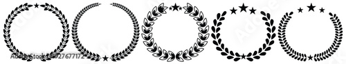 Laurel Wreath Icon and Vector Set – Black and White Circular Award Symbols with Leaves, Branches and Stars, Minimalist Emblem Frames Isolated on Transparent Background