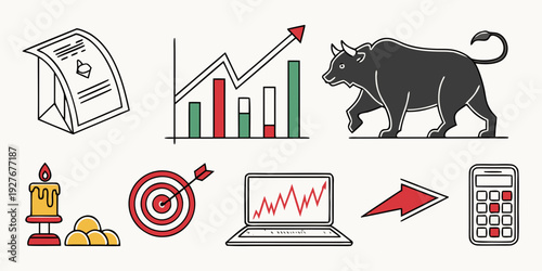 A collection of icons representing business, finance, and investment concepts. Vector