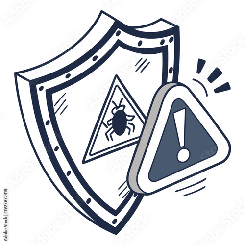 A shield with a bug inside and a warning sign