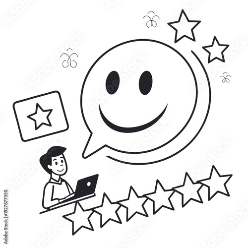 A man giving a five star review on a laptop