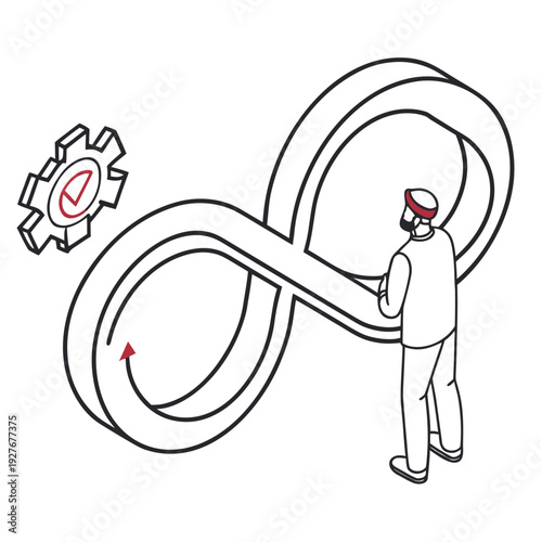 A person turning a large infinity symbol with a gear in the background