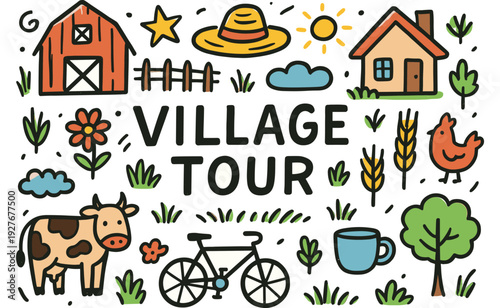 Hand-drawn village tour illustration featuring farm life and nature elements