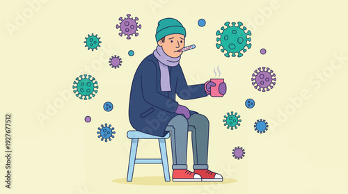 Unwell Man with Thermometer and Hot Drink Surrounded by Viruses