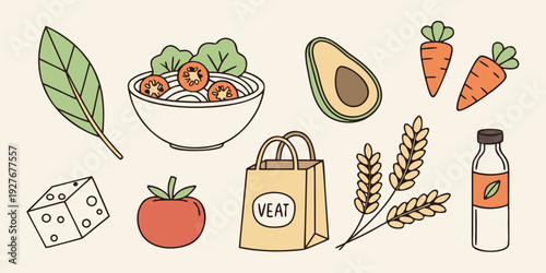 A vibrant assortment of fresh fruits and vegetables displayed in a rustic setting. Vector