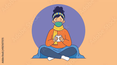 Sick Woman Wearing Mask and Scarf Holding Hot Mug Under Blanket