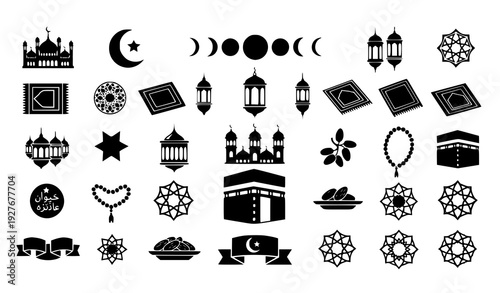 Islamic and Eid festival pictogram silhouette icons with mosque crescent lantern and prayer symbols vector set
