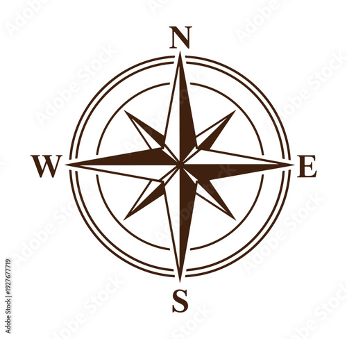 Brown compass rose navigation symbol with north south east and west directions