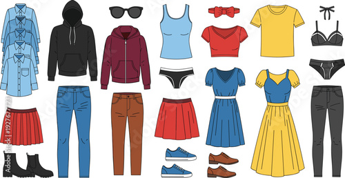 Set of colorful women casual fashion apparel vector illustrations with dresses hoodies jeans shirts and shoes isolated on white background for clothing design