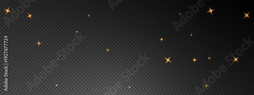Night sky starlight illustration. Vector golden glowing stars and sparkle particles on dark black background, symbolizing celestial magic, festive decoration, and luxury celebration atmosphere.