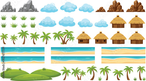 Tropical island beach landscape vector set with palm trees thatched huts clouds mountains and sand sea coast elements for game design ui