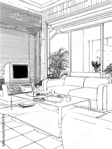 Retro 90s living space, winter mood and analog details, vector illustration art