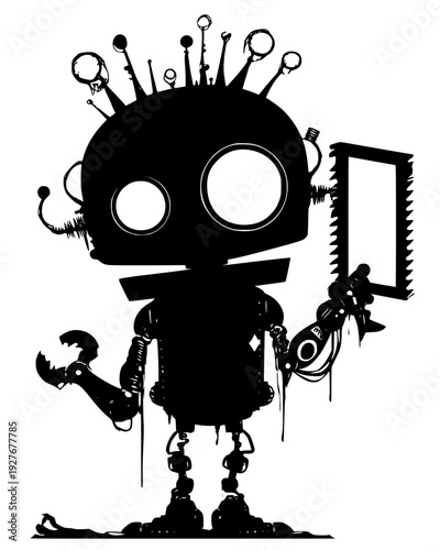 Robot with a rounded head and pincers holding a metal tool part, vector design