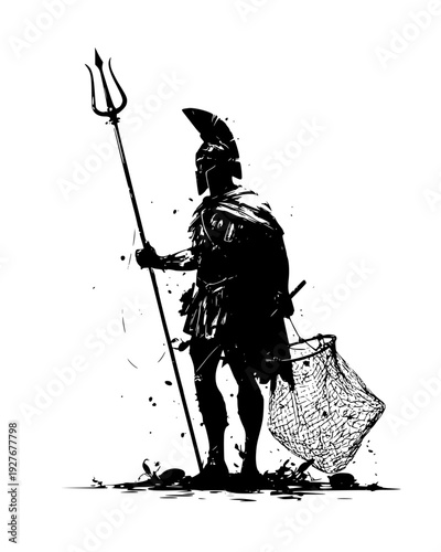 Roman gladiator with a trident and net standing in a dusty arena, vector illustration