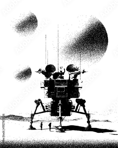 Spacecraft landing on a desert planet with two moons in the sky, vector design